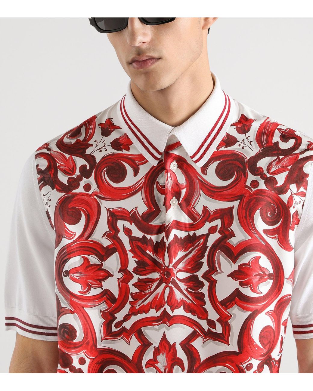 Dolce & Gabbana Red Cotton-Silk Majolica Print Polo Shirt for men