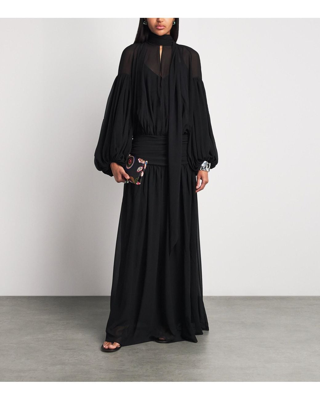 De La Vali Black Chiffon Gathered Solana Maxi Dress