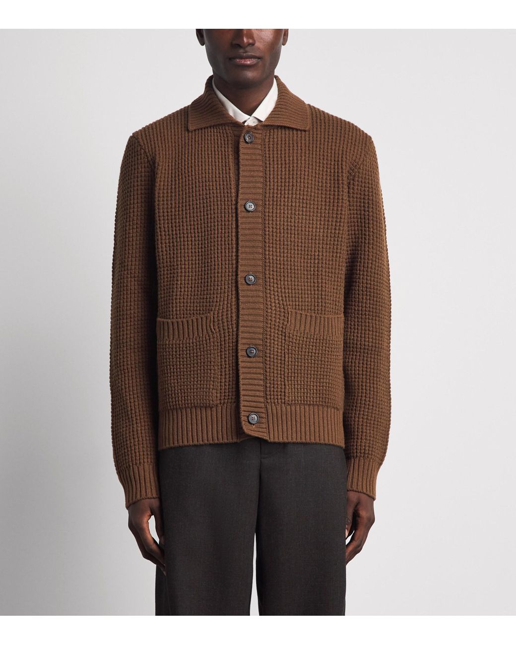 Corneliani Brown Virgin Wool-Cashmere Waffle-Knit Cardigan for men
