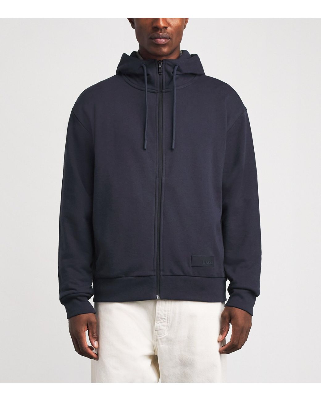 Boss Blue Cotton-Blend High-Neck Zip Hoodie for men