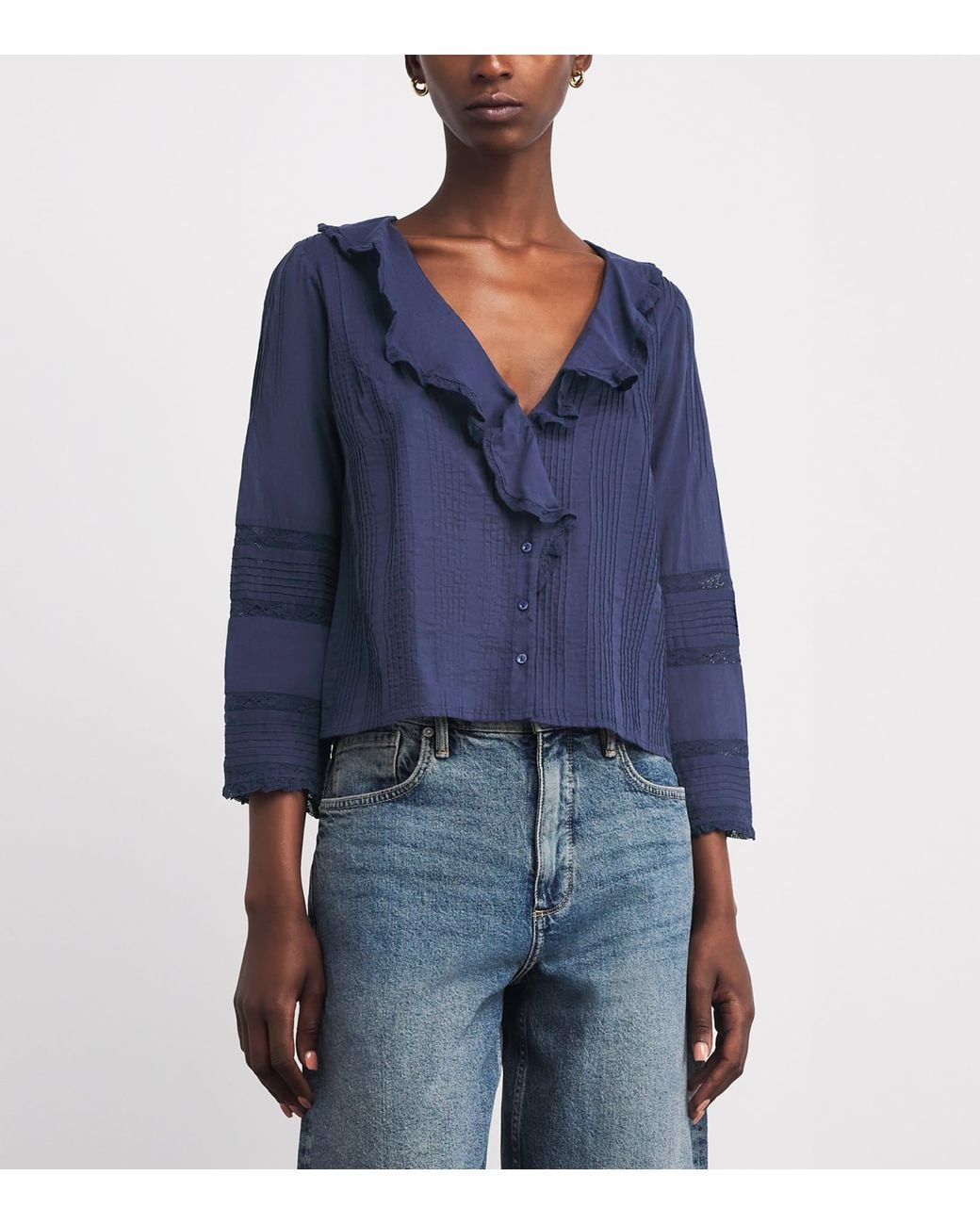 Doen Blue Organic Cotton Lace-Trim Huguette Blouse
