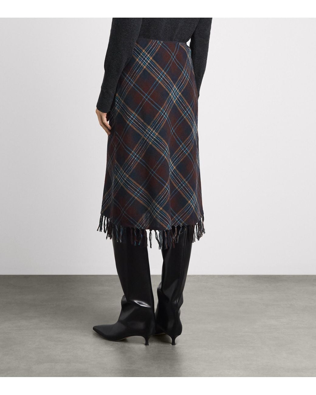Doen Black Plaid Knotted-Fringe Elowette Midi Skirt