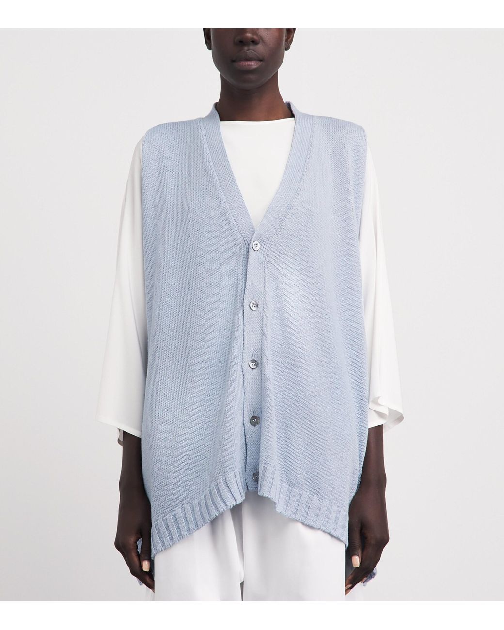 Eskandar Blue Linen-Organic Cotton Sleeveless Cardigan