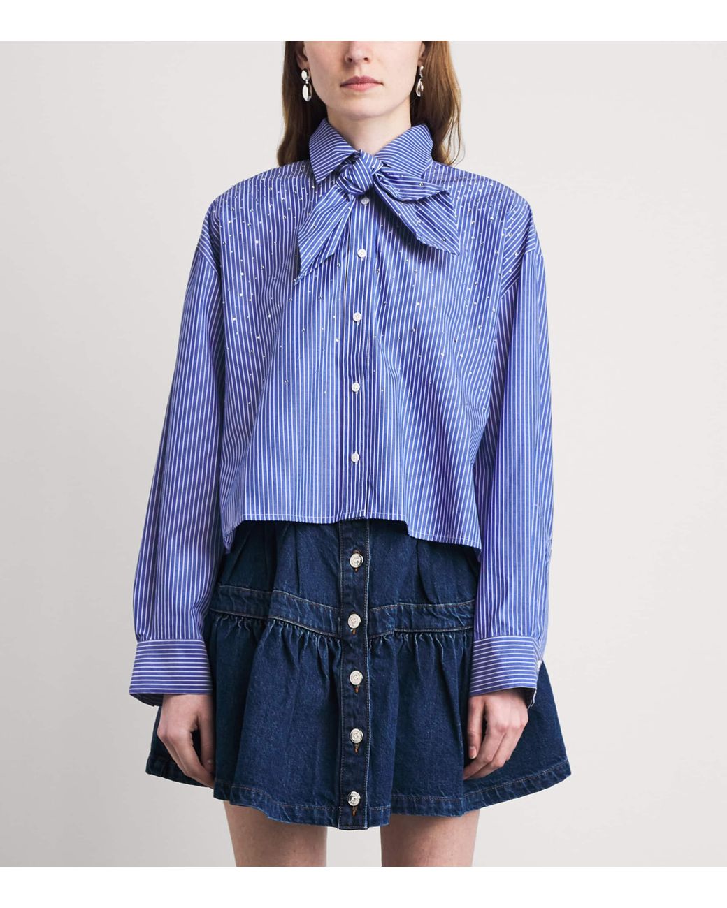 Maje Blue Cotton Tie-Detail Stripe Shirt
