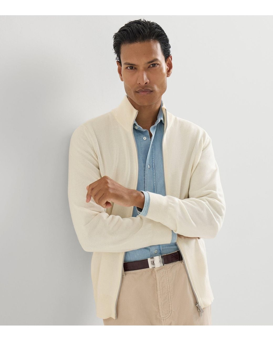 Brunello Cucinelli White Cashmere Zip-Up Cardigan for men