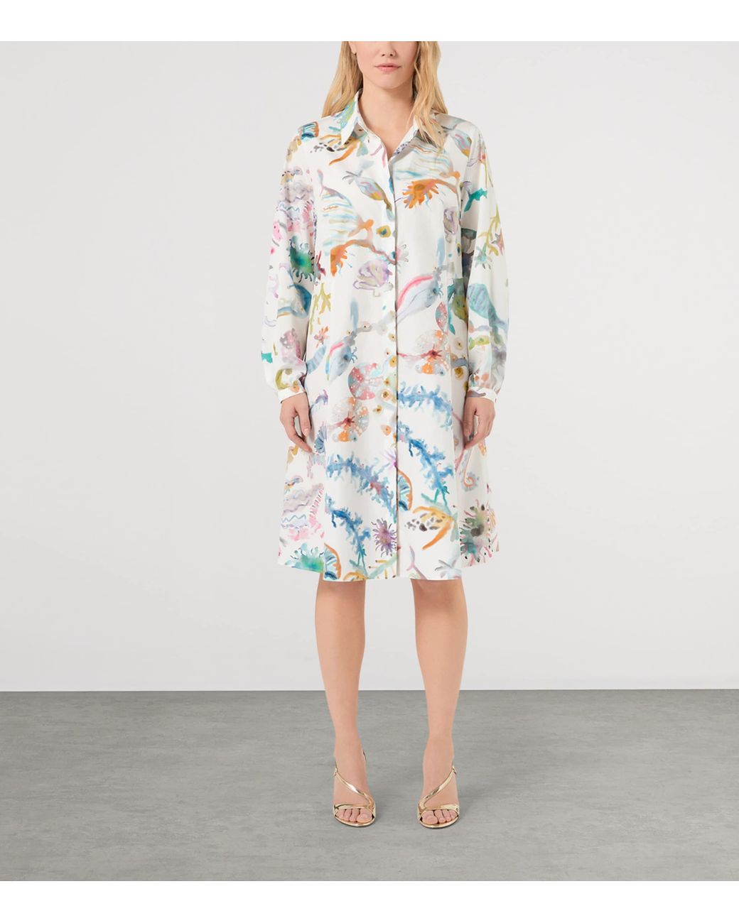 Marina Rinaldi White Cotton Printed Midi Shirt Dress