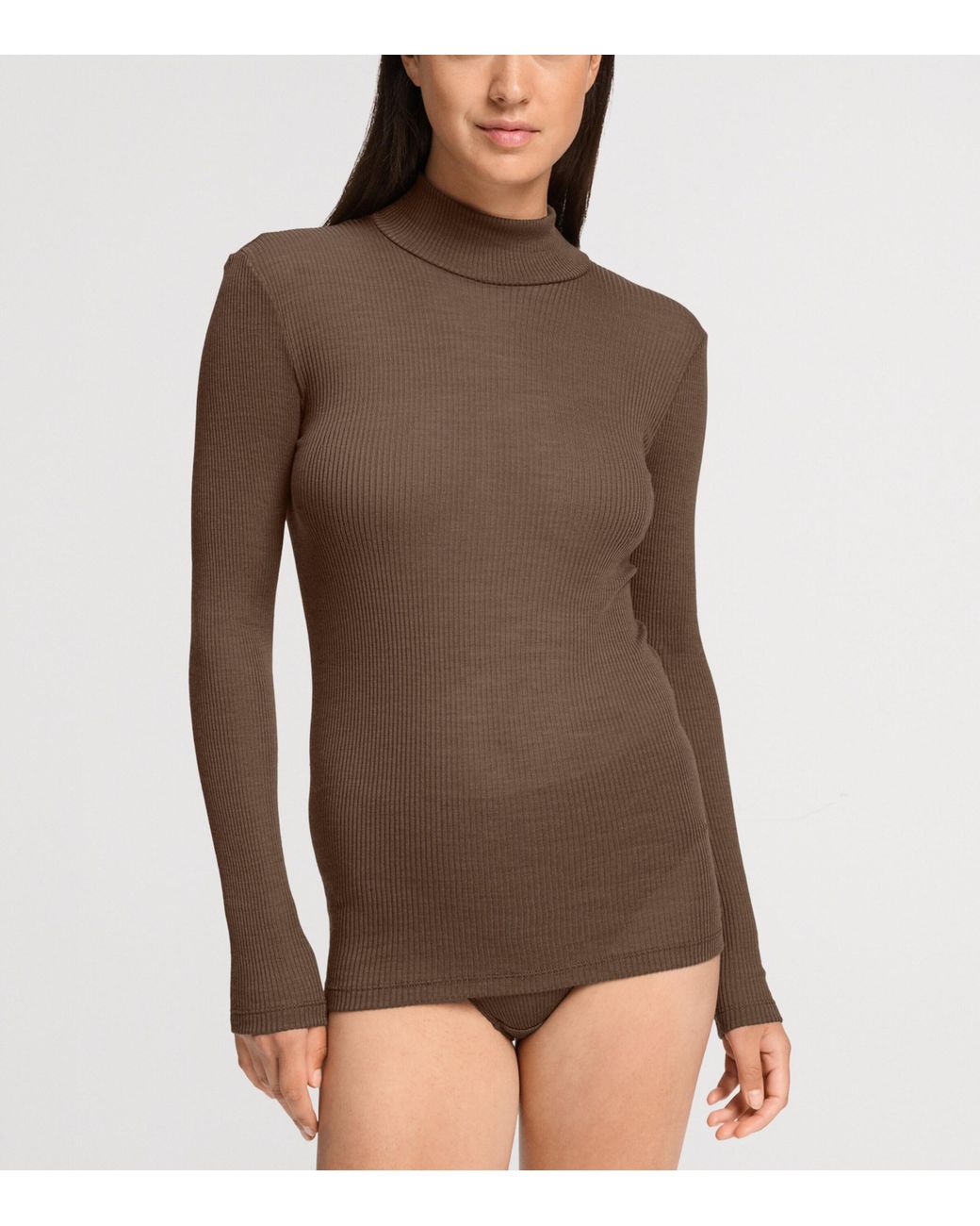 Hanro Brown Wool-Silk Funnel-Neck Top