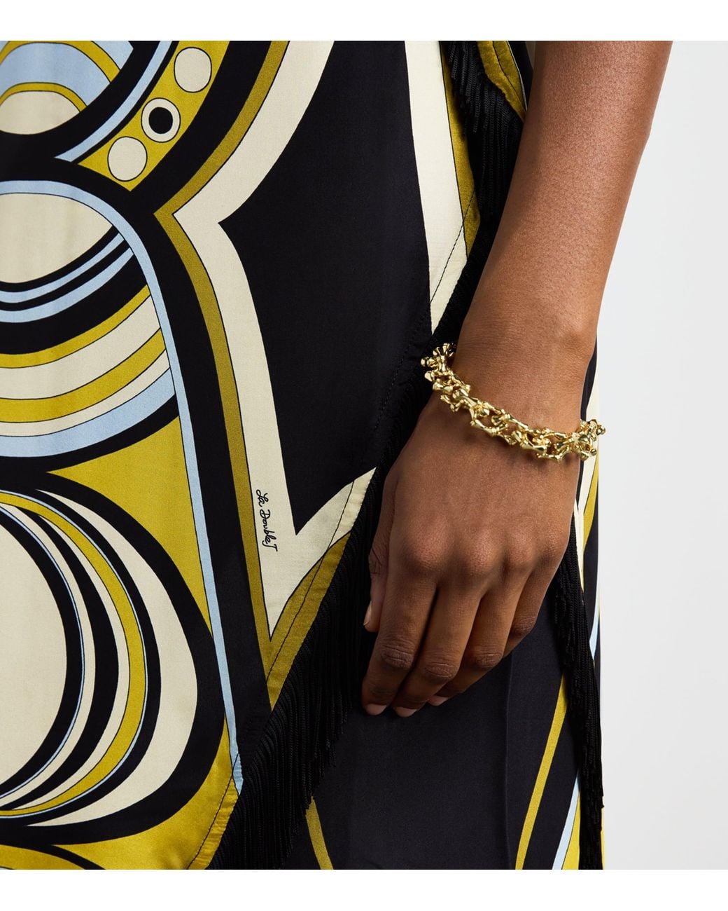 LaDoubleJ Metallic Silk Fringe-Trim Printed Midi Dress