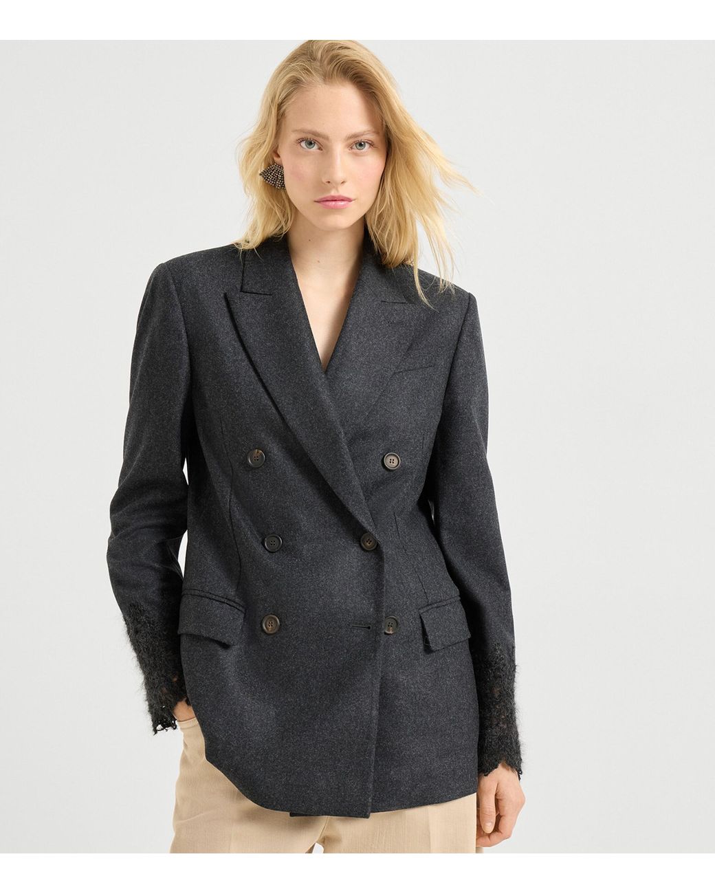 Brunello Cucinelli Black Lace-Detail Double-Breasted Blazer