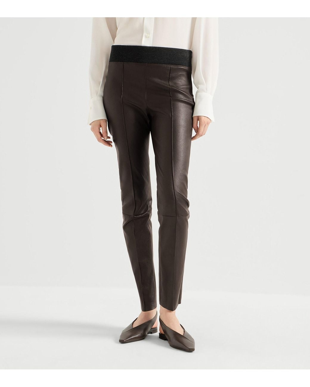 Brunello Cucinelli Gray Stretch-Nappa Leather Leggings