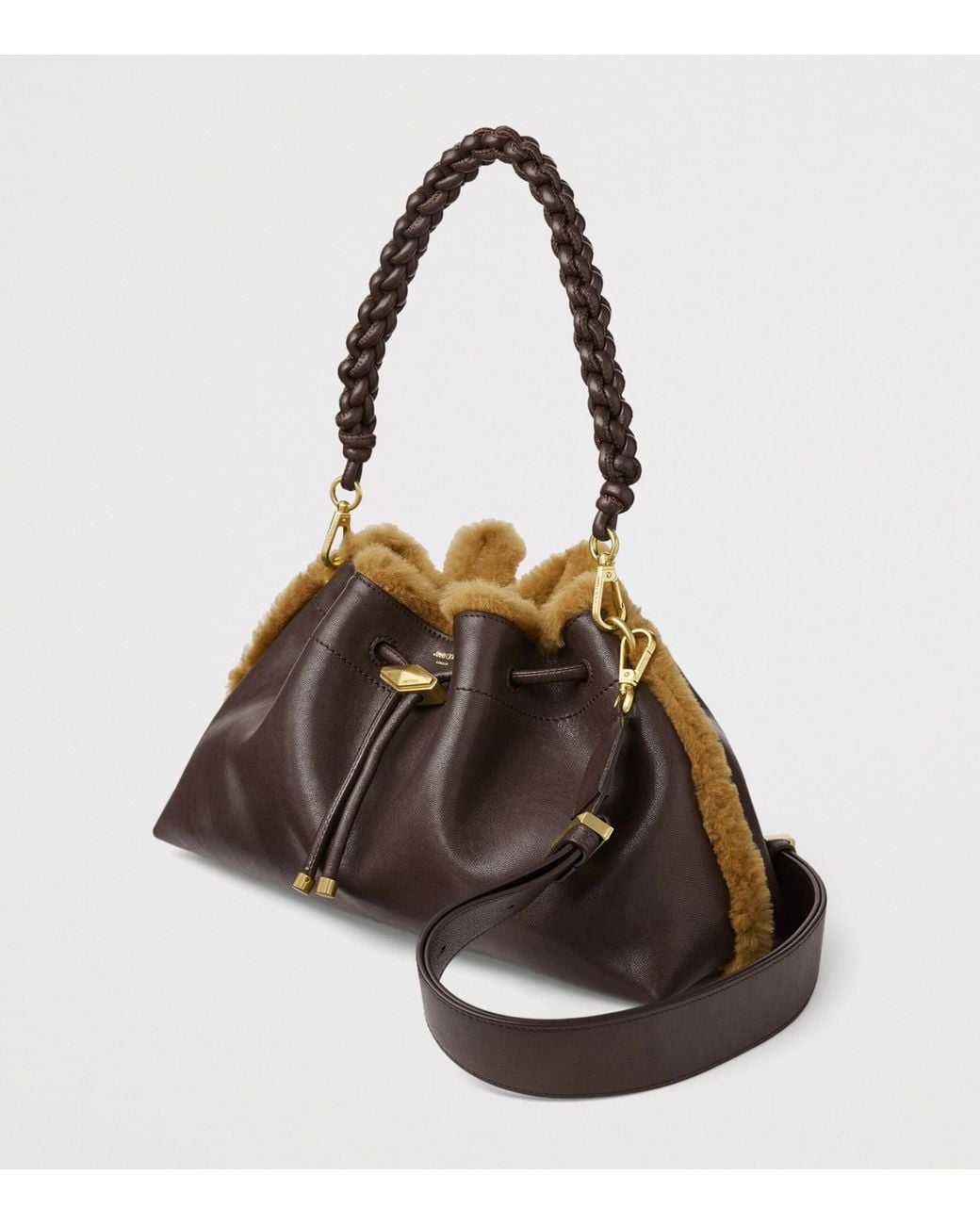 Jimmy Choo Brown Leather Shearling-Trim Bon Bon Shoulder Bag
