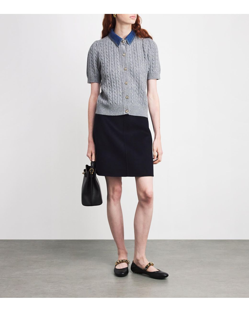 Sandro Gray Wool-Cashmere Denim-Collar Cardigan