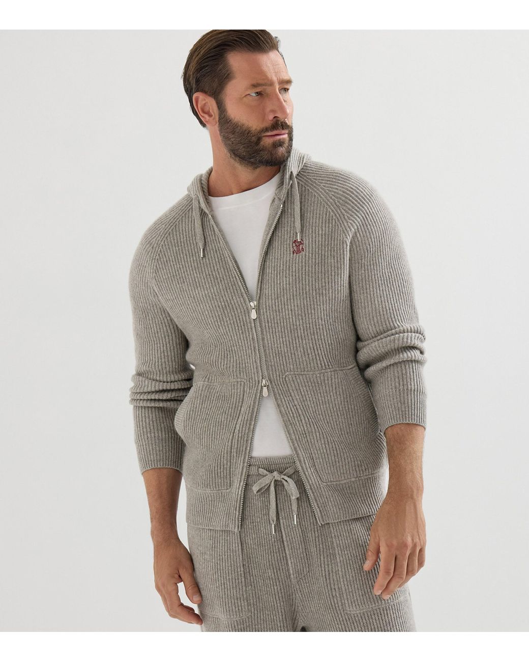 Brunello Cucinelli Gray Cashmere Rib-Knit Zip-Up Cardigan for men