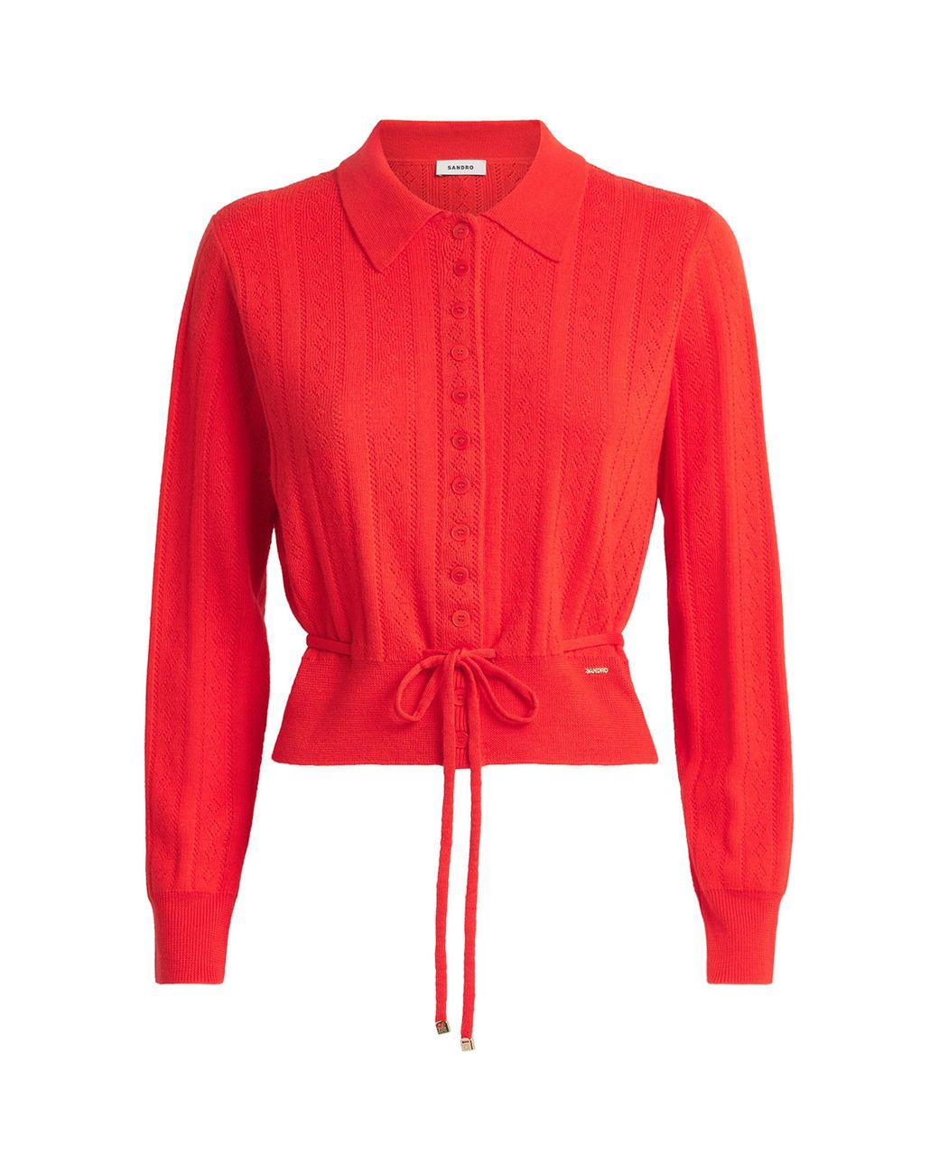 Sandro Red Wool-Blend Pointelle Knit Cardigan