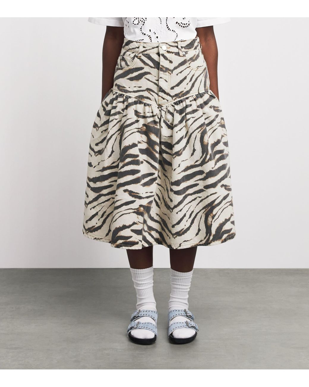 Ganni Gray Zebra Denim Midi Skirt