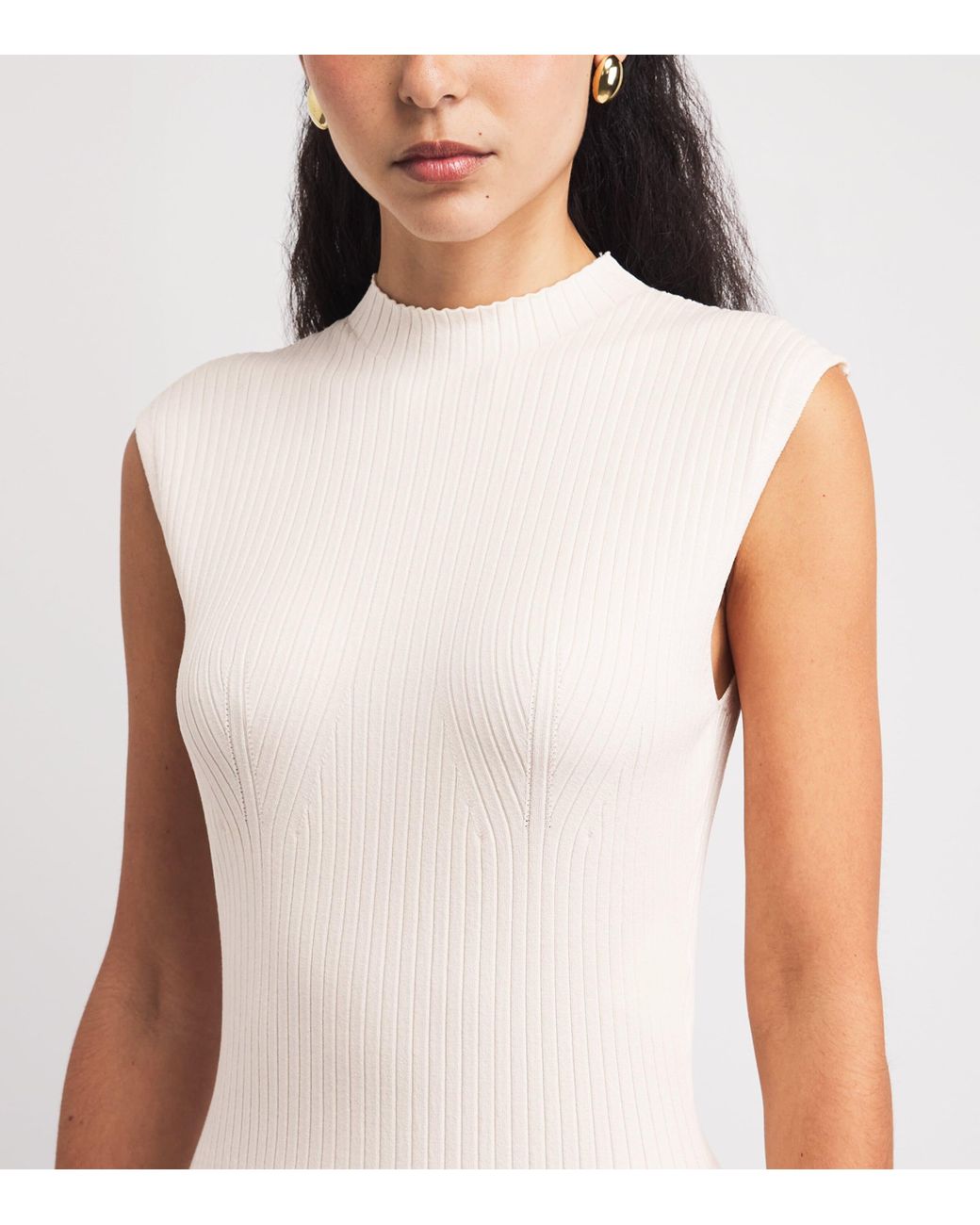 Maje White Rib-Knit Midi Dress