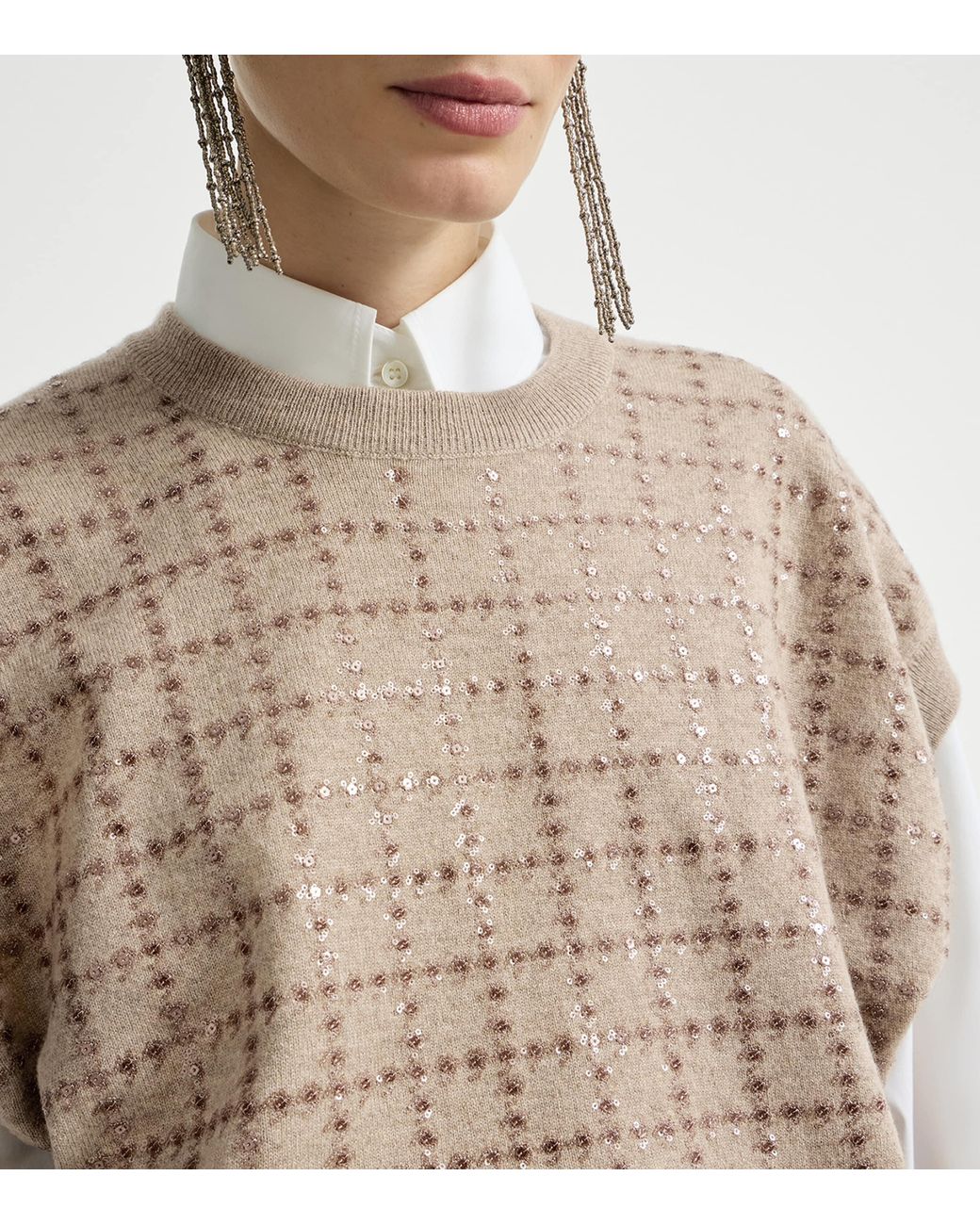 Brunello Cucinelli Natural Cashmere Sequin Check Knit T-Shirt