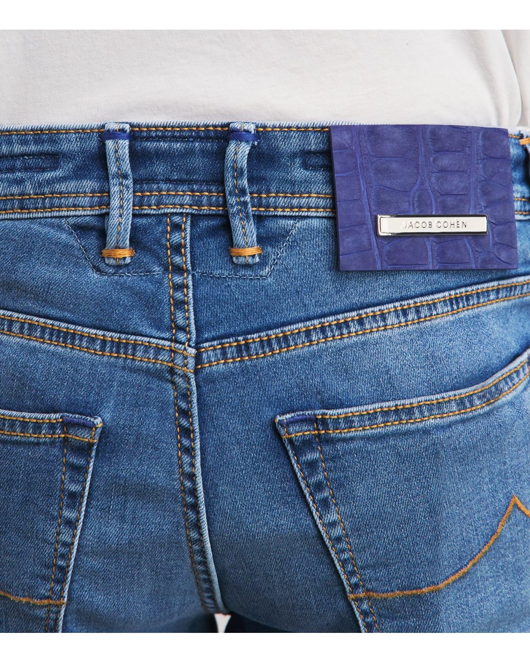 Jacob Cohen Blue Crocodile Leather Patch Straight Jeans for men