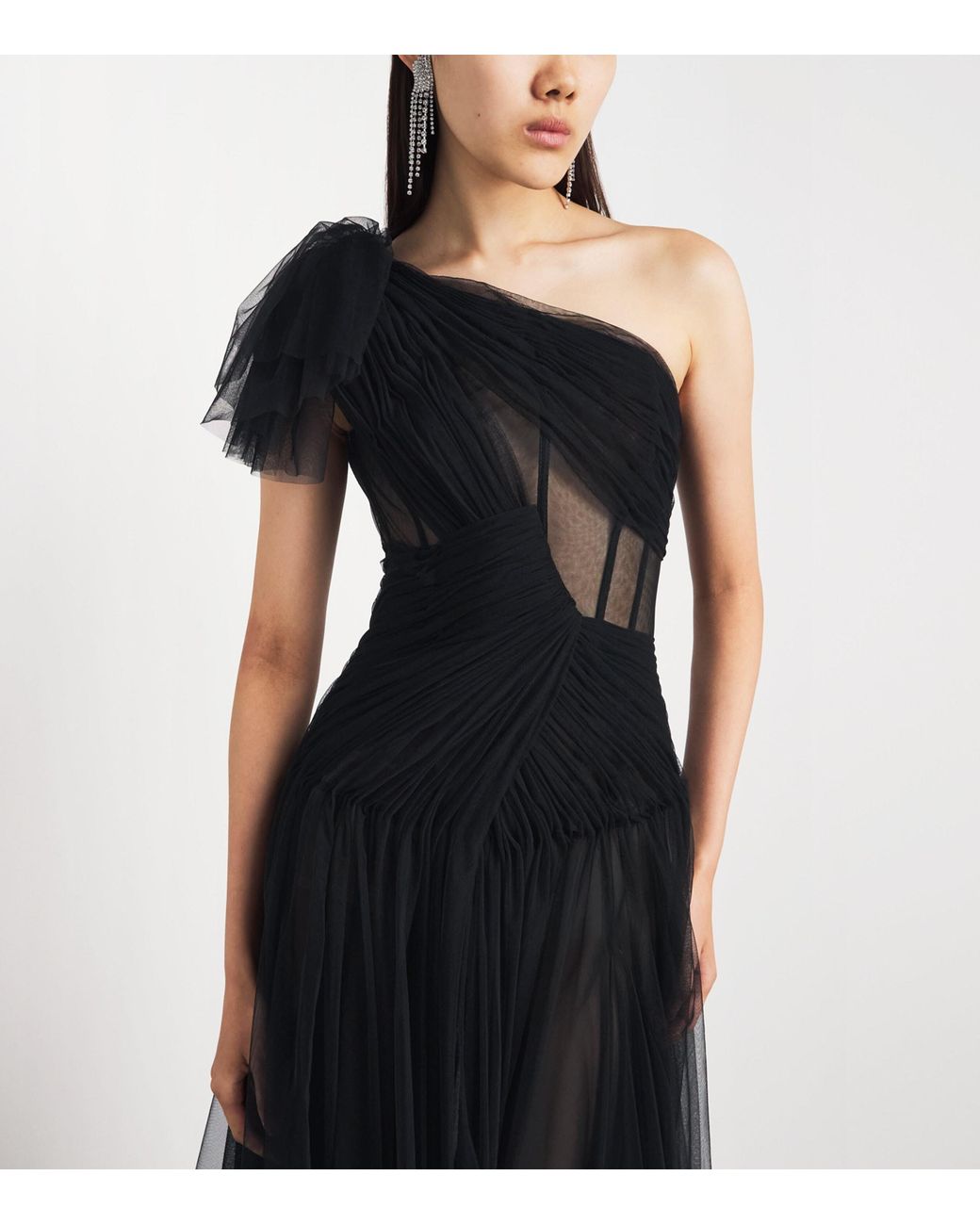 Sandra Mansour Black Tulle One-Shoulder Gown