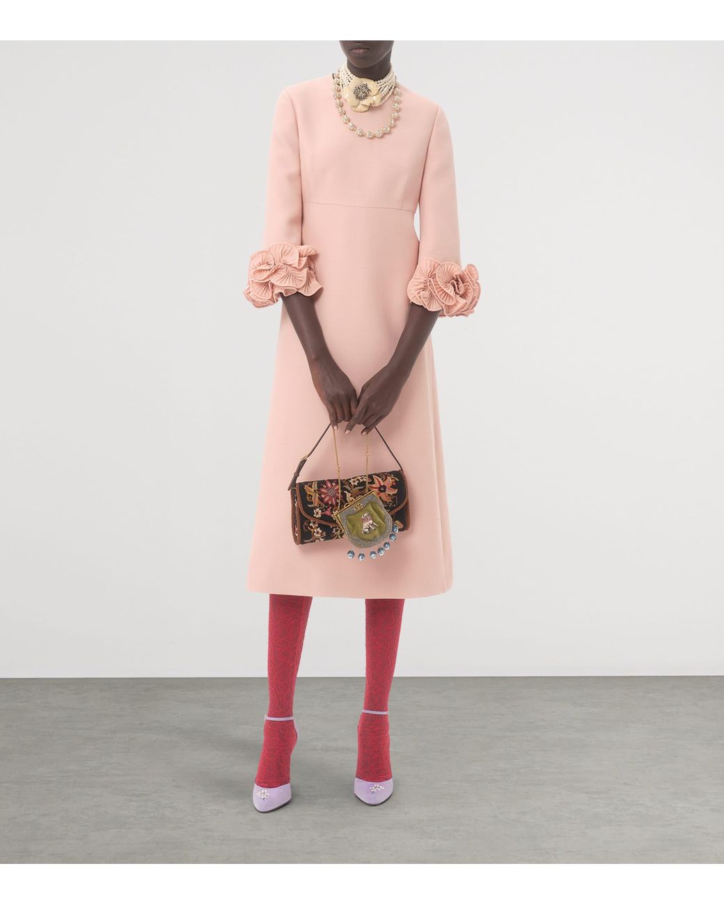 Valentino Pink Wool-Silk Floral-Sleeve Midi Dress