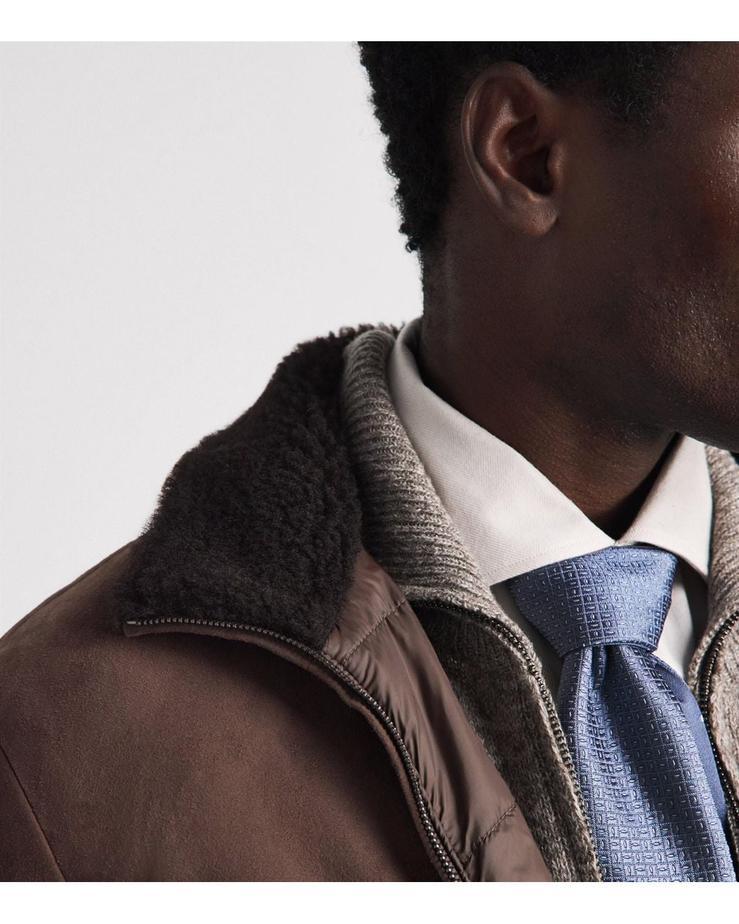 Corneliani Brown Suede-Shearling Funnel-Neck Jacket for men