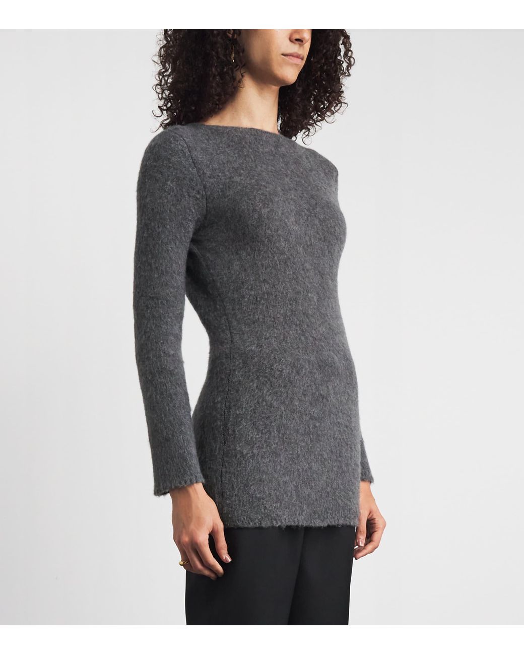 RETORI Gray Cashmere Deep V-Neck Mini Dress
