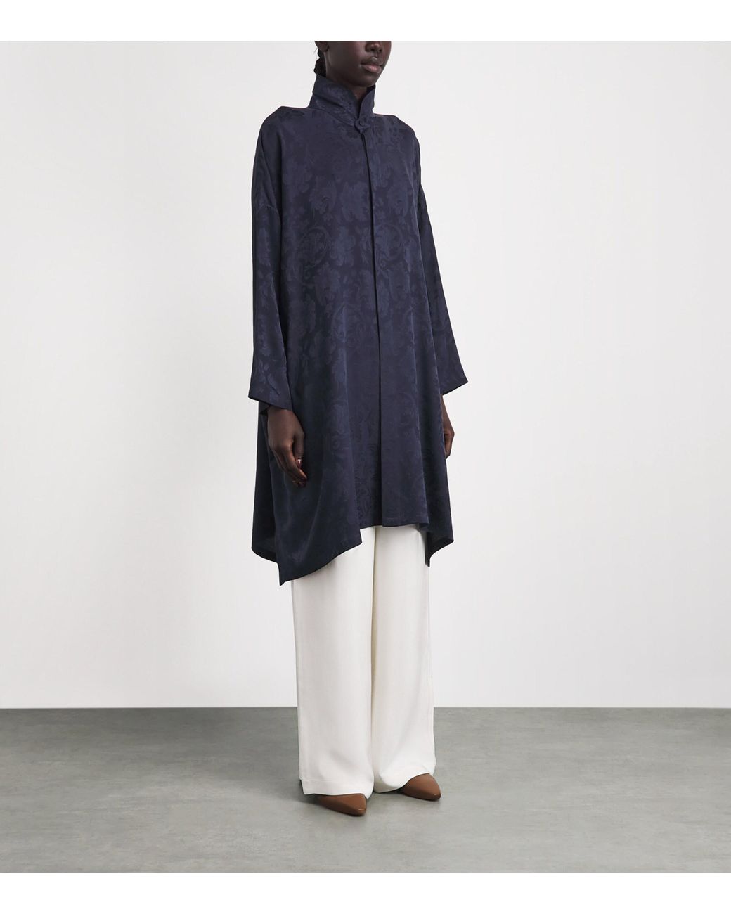 Eskandar Blue Silk Double-Stand Collar Shirt