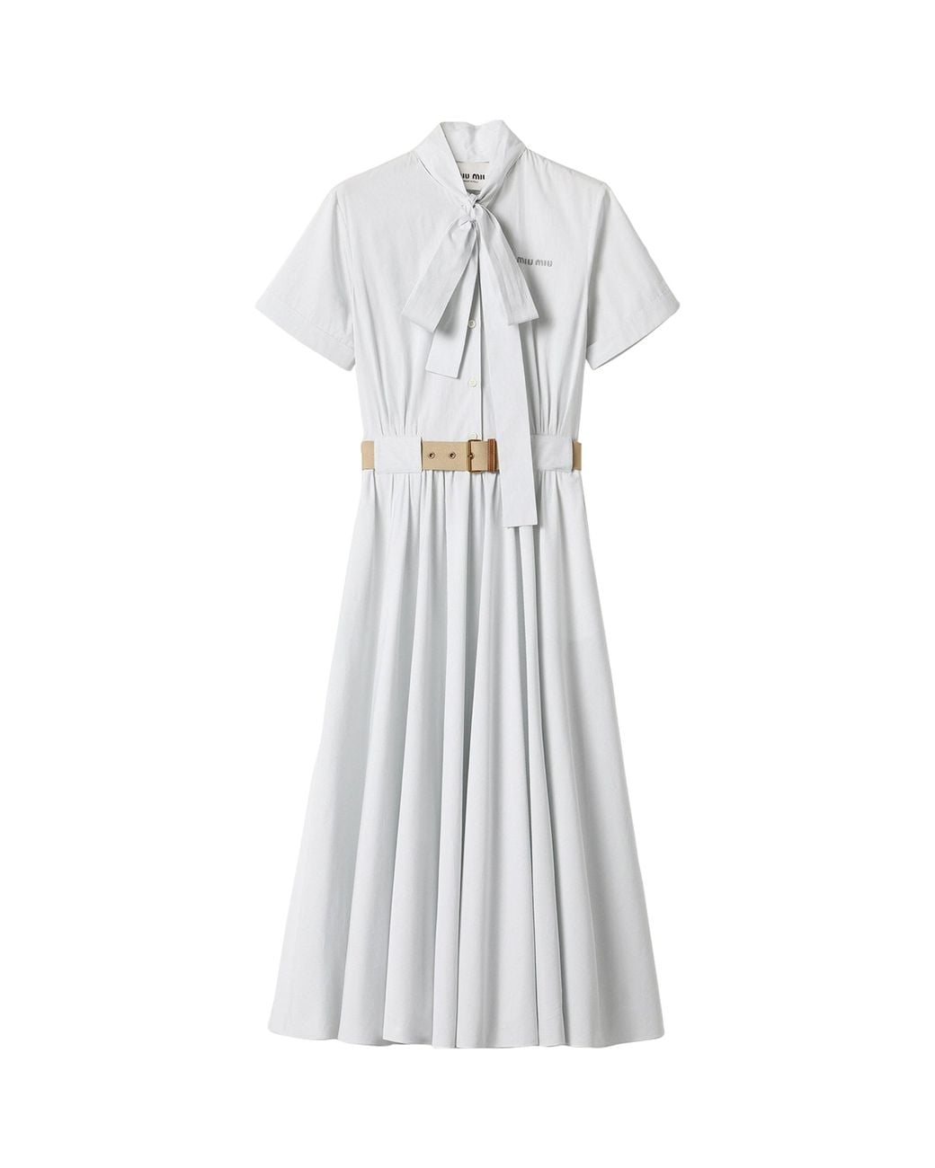 Miu Miu White Cotton Pinstripe Belted Midi Dress