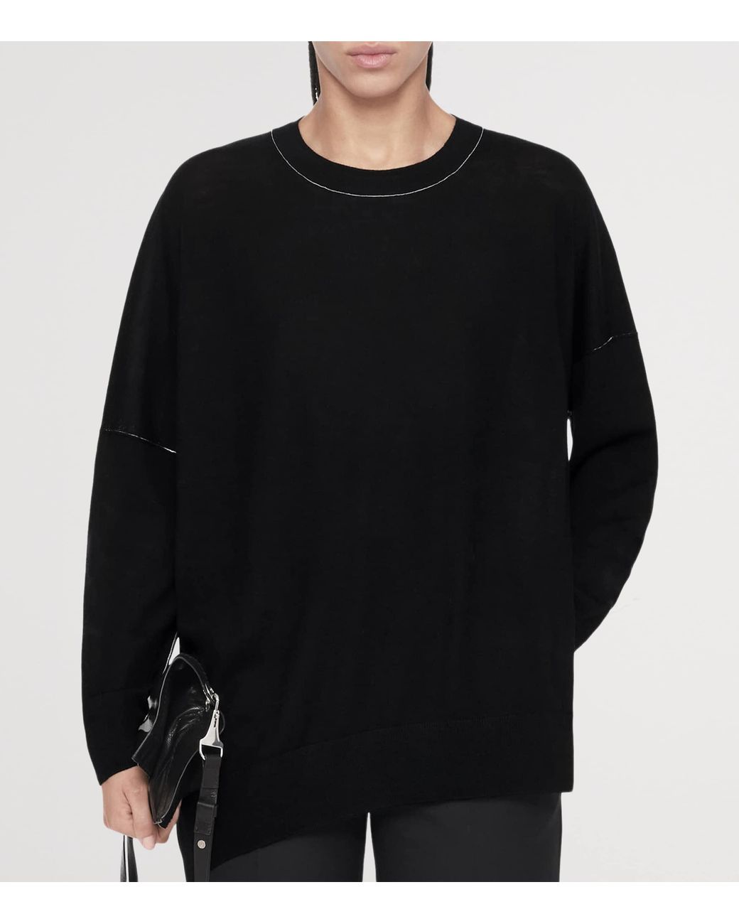 AllSaints Black Merino Wool Asymmetric Martel Sweater