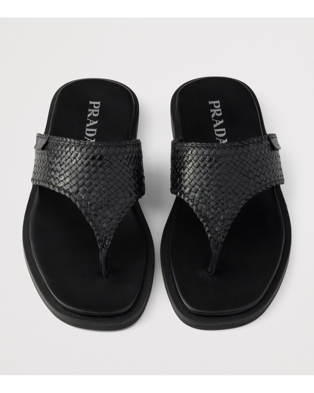 Prada Black Leather Woven Flip Flops for men