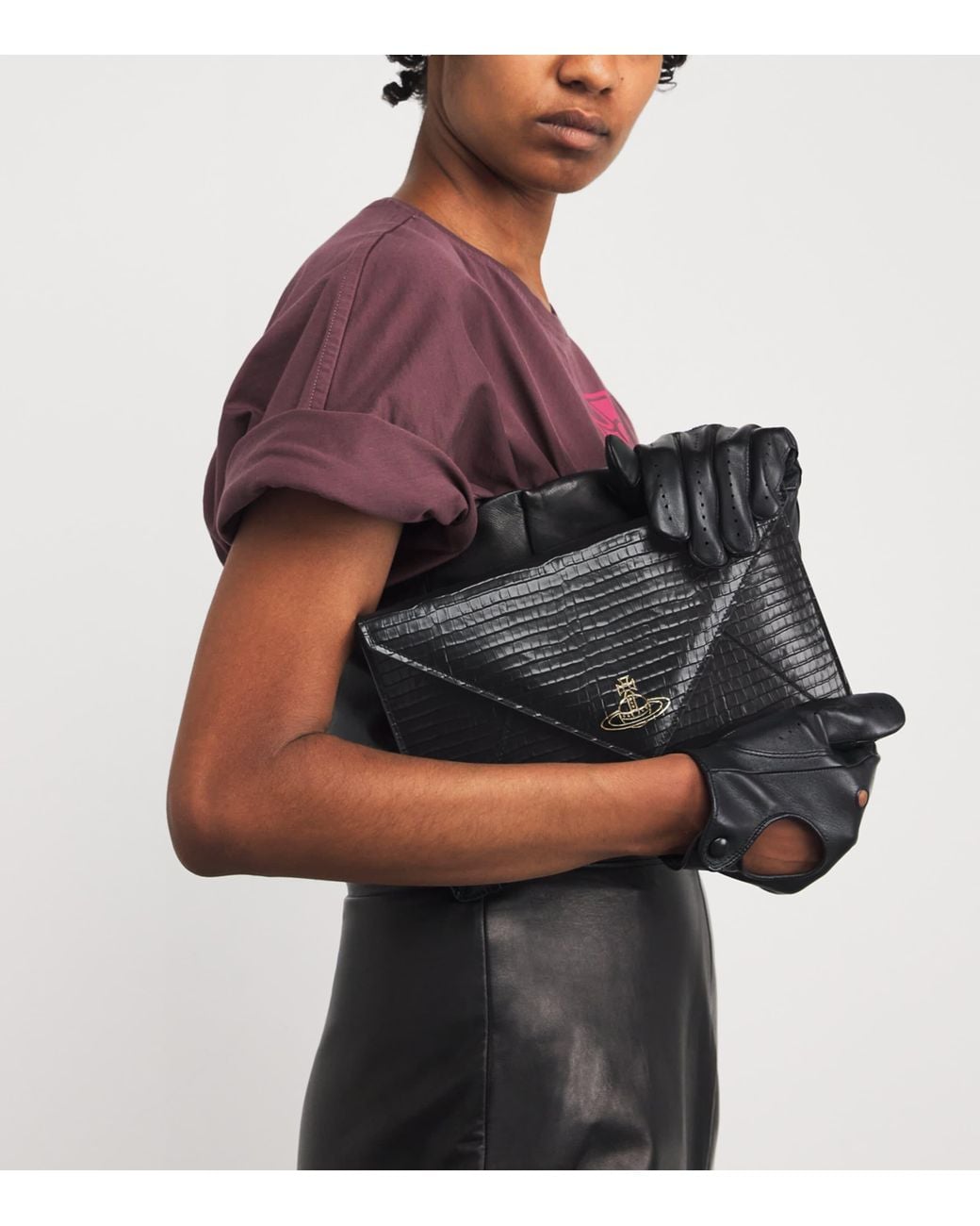 Vivienne Westwood Black Croc-Embossed Leather Envelope Clutch Bag