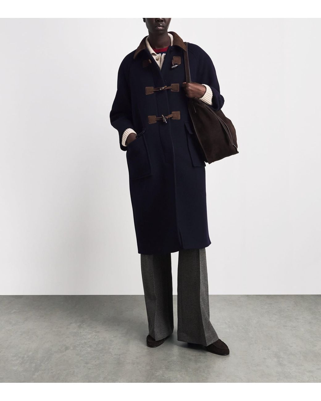 Sandro Blue Wool-Blend Suede-Collar Duffle Coat