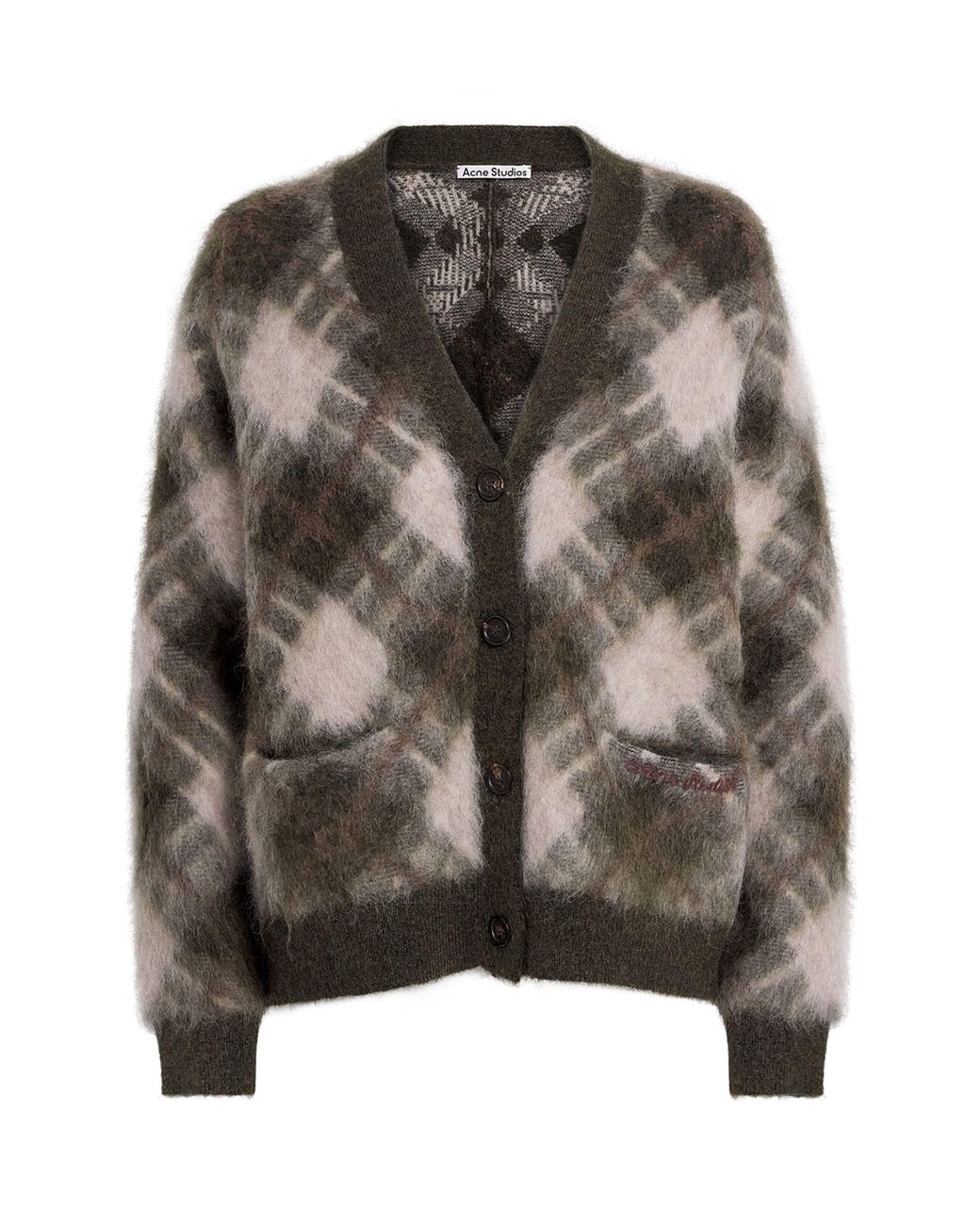 Acne Brown Argyle V-Neck Knit Cardigan
