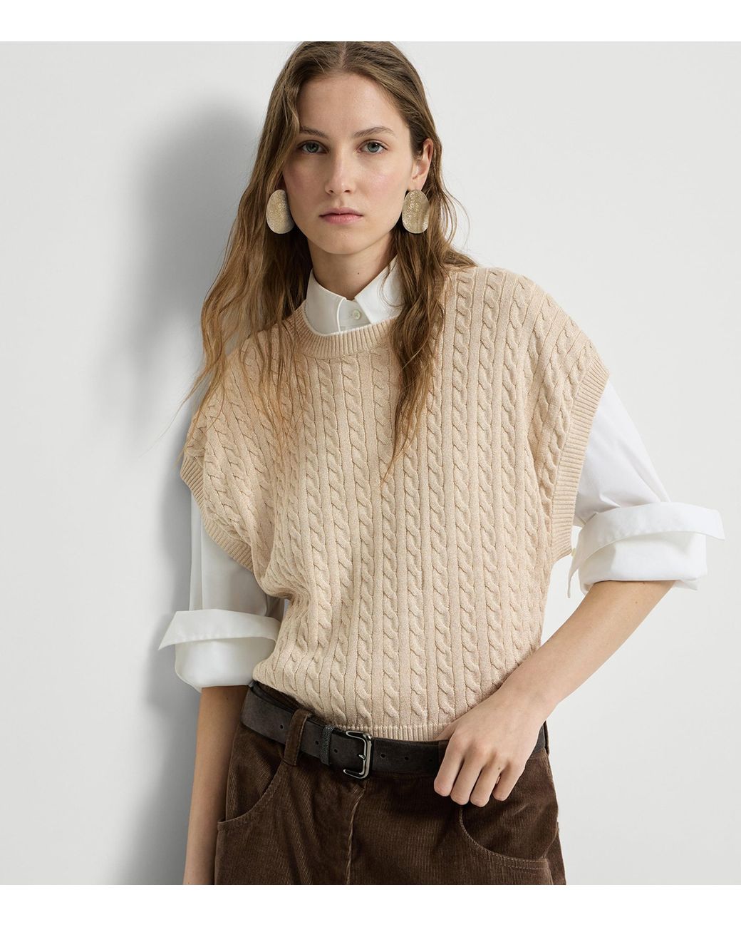 Brunello Cucinelli White Cable-Knit Sparkling Short-Sleeve Sweater