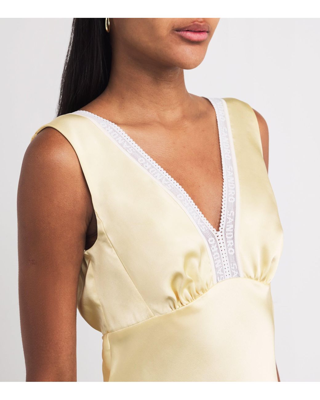 Sandro Lace-Trim Maxi Dress in Metallic | Lyst Sandro Lace-Trim Maxi Dress in Metallic | Lyst
