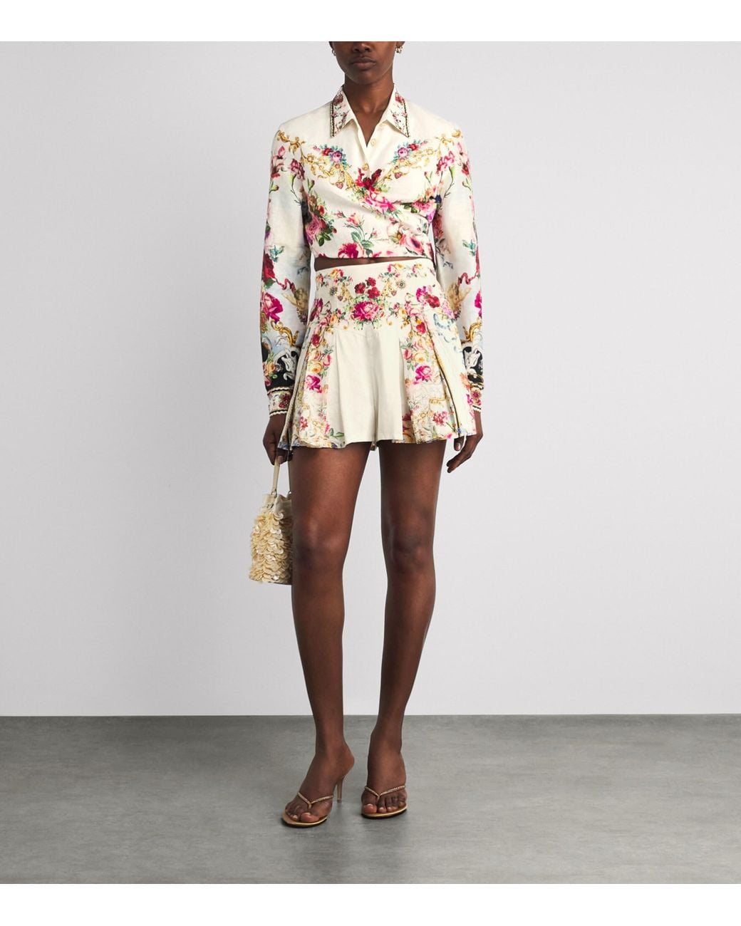 Camilla Red Linen-Silk Embellished Shorts