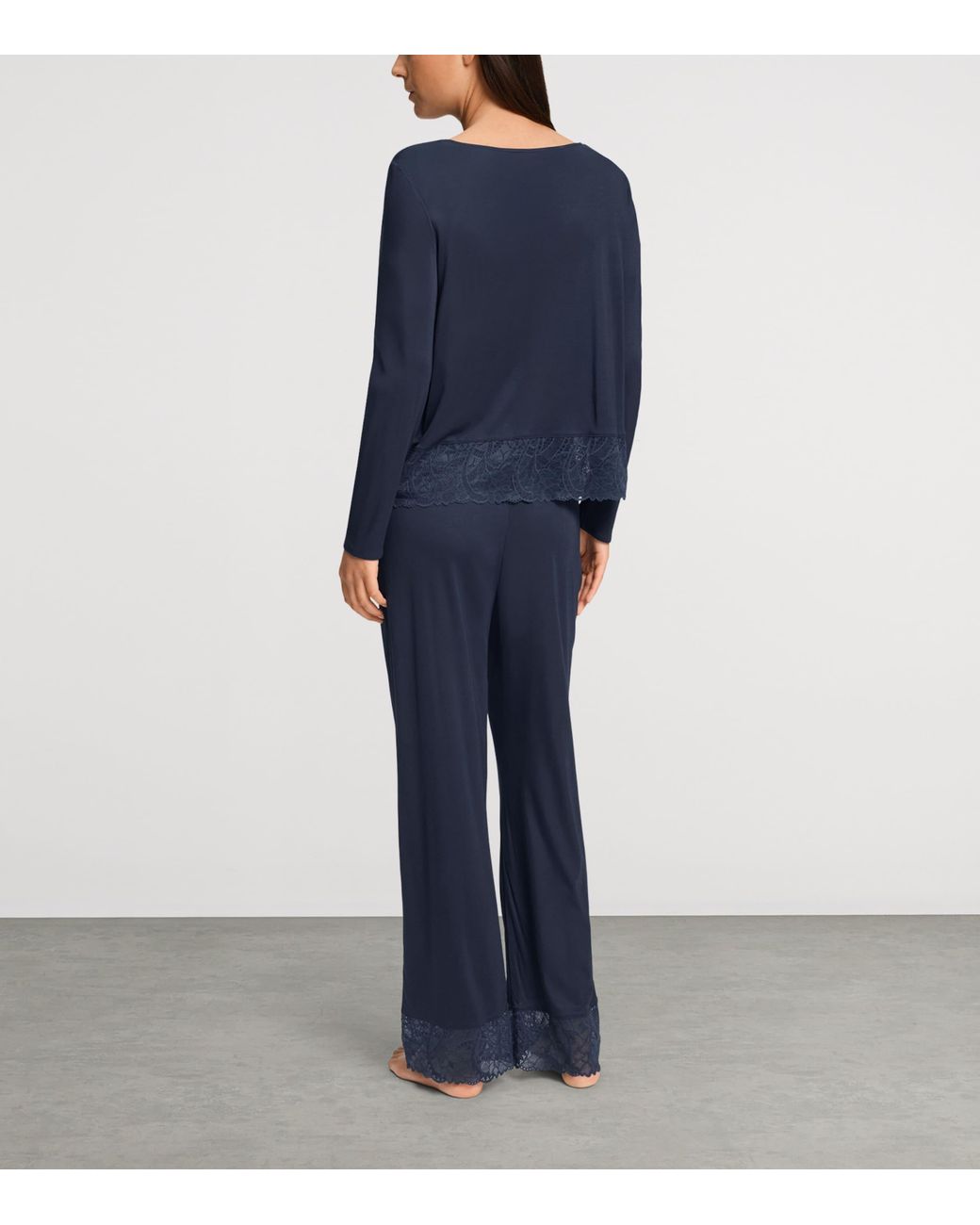 Hanro Blue Lace-Trim Long-Sleeve Pyjamas