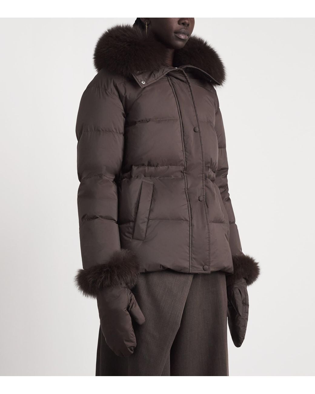 Yves Salomon Brown Down Fur-Trim Technical Puffer Jacket