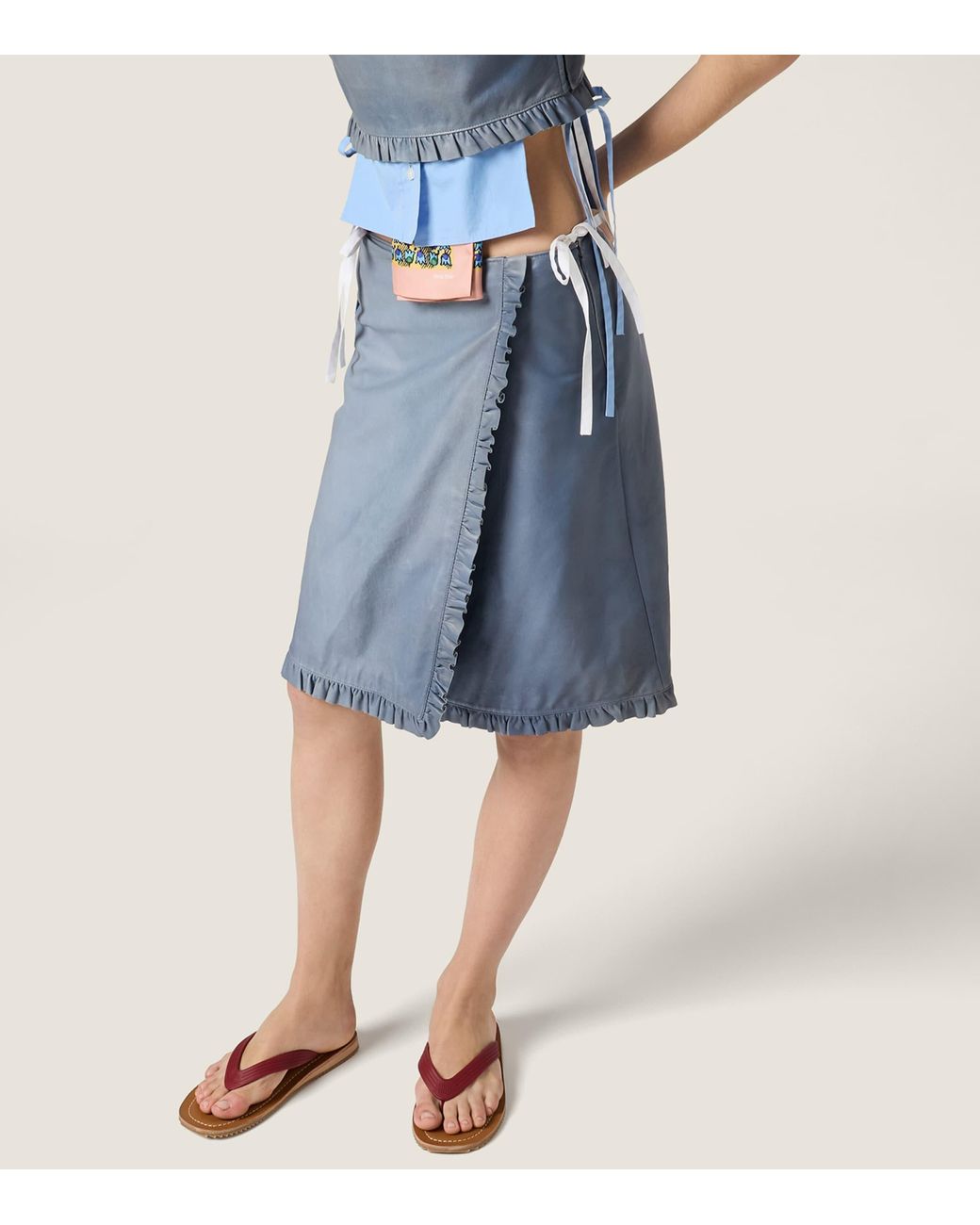 Miu Miu Blue Nappa Leather Ruffle Midi Skirt