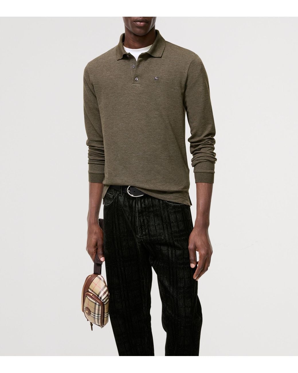 Burberry Green Wool-Cotton Long-Sleeve Polo Shirt for men