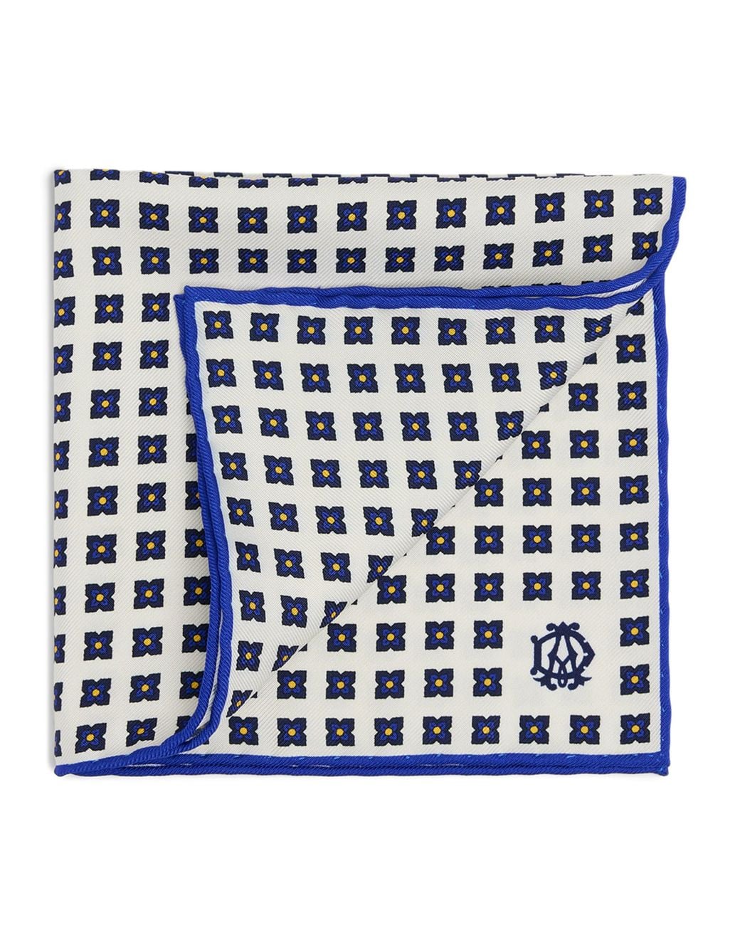Dunhill Blue Mulberry Silk Geometric Flower Medallion Pocket Square for men