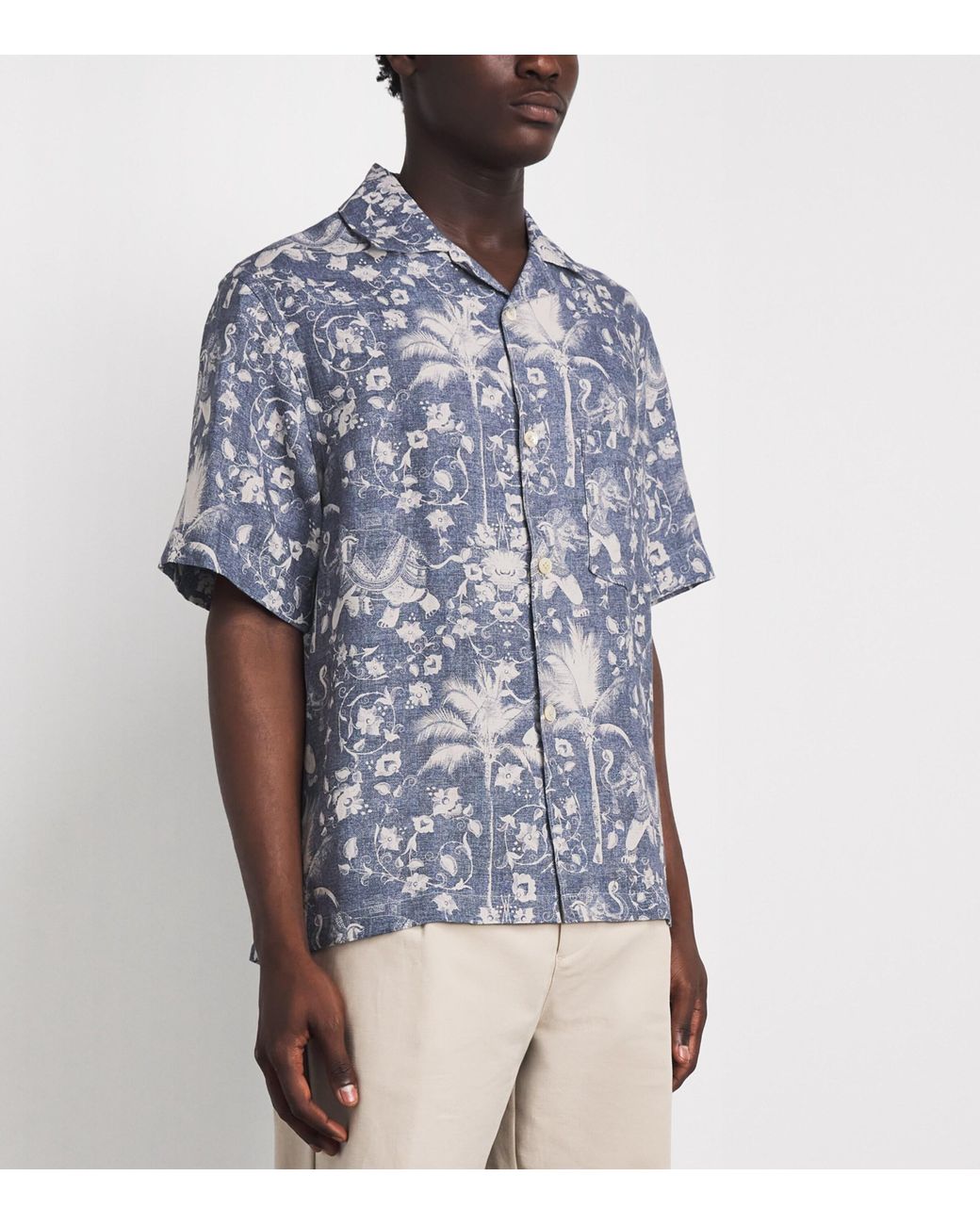Eleventy Blue Linen Printed Bowling Shirt for men