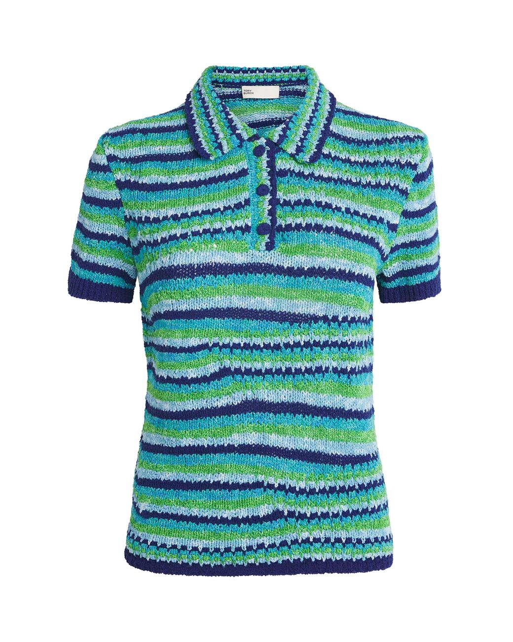 Tory Burch Blue Knitted Stripe Polo Shirt