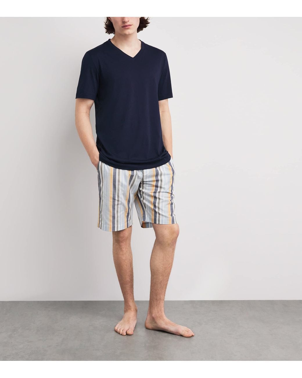 Hanro Blue Cotton Stripe Night & Day Shorts for men
