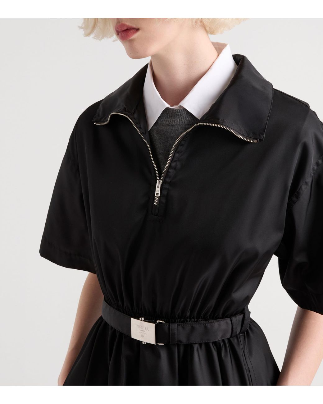 Prada Black Short-Sleeved Re-Nylon Midi-Dress