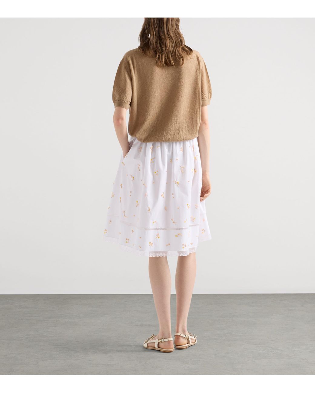 Prada White Cotton Poplin Embroidered Midi Skirt