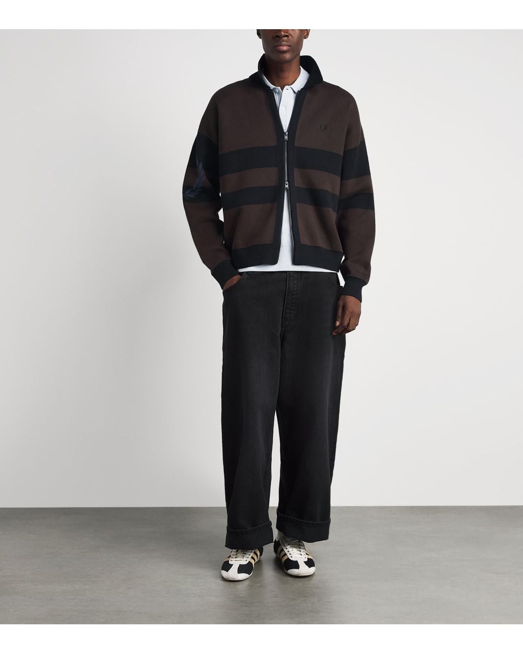 Fred Perry Black Cotton Stripe Zip-Up Cardigan for men