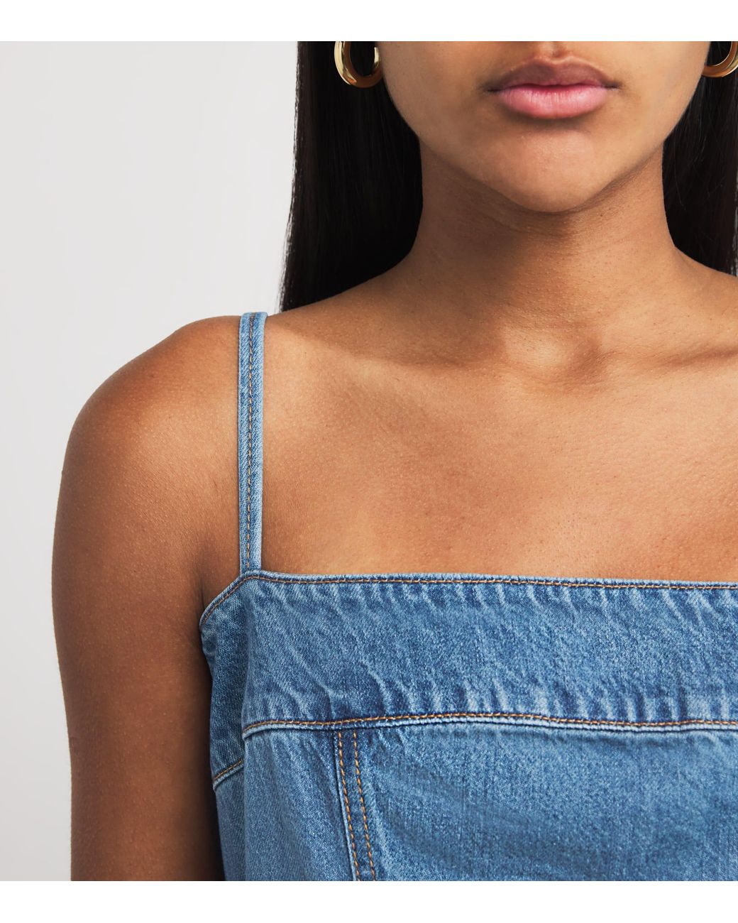 Women's PAIGE Women's Pippa Midi Dress  Light Wash Denim, Square Neck,  Spaghetti Strap A-Line Dress Denim Midi Dress