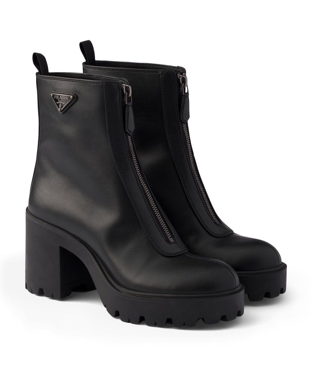 Prada Black Leather Zipped Heeled Ankle Boots 85