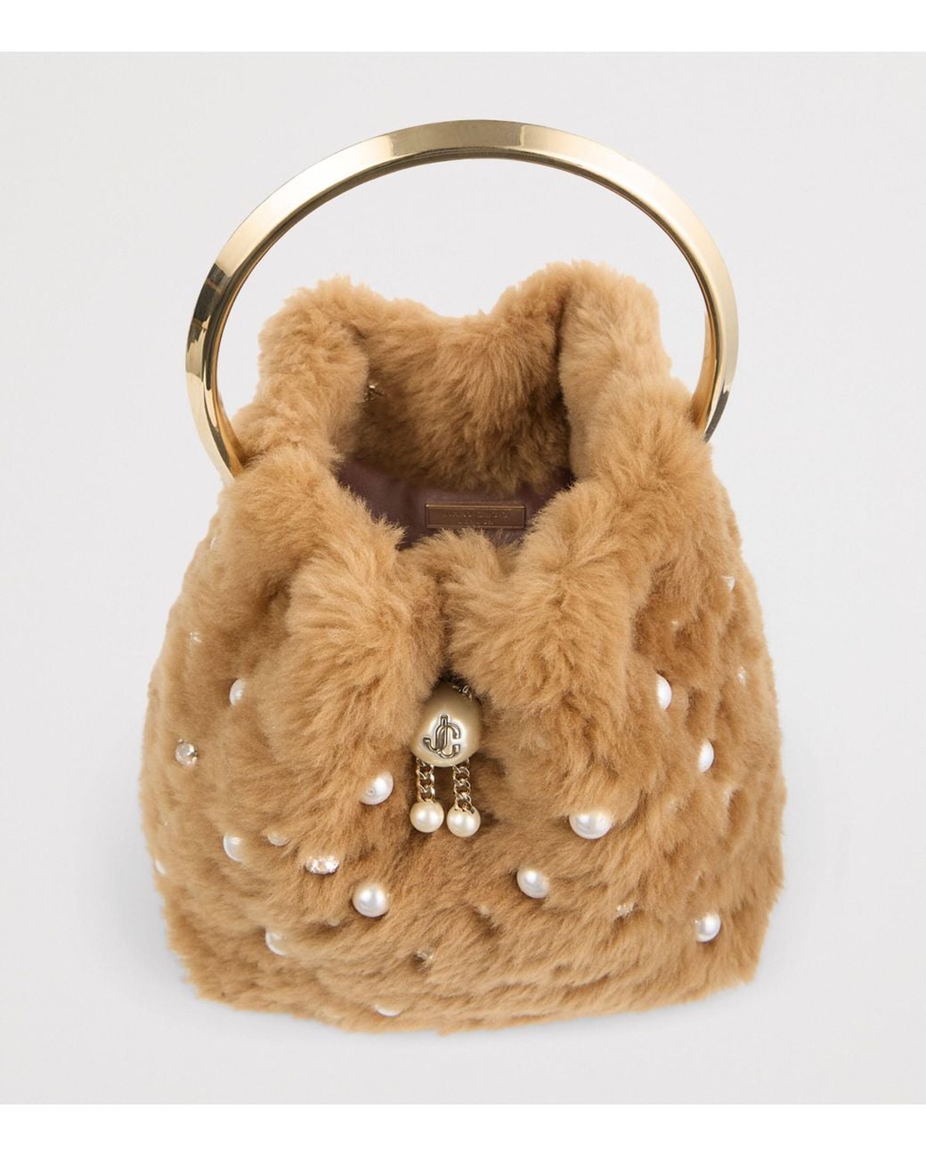 Jimmy Choo Brown Shearling Faux-Pearl Bon Bon Top-Handle Bag